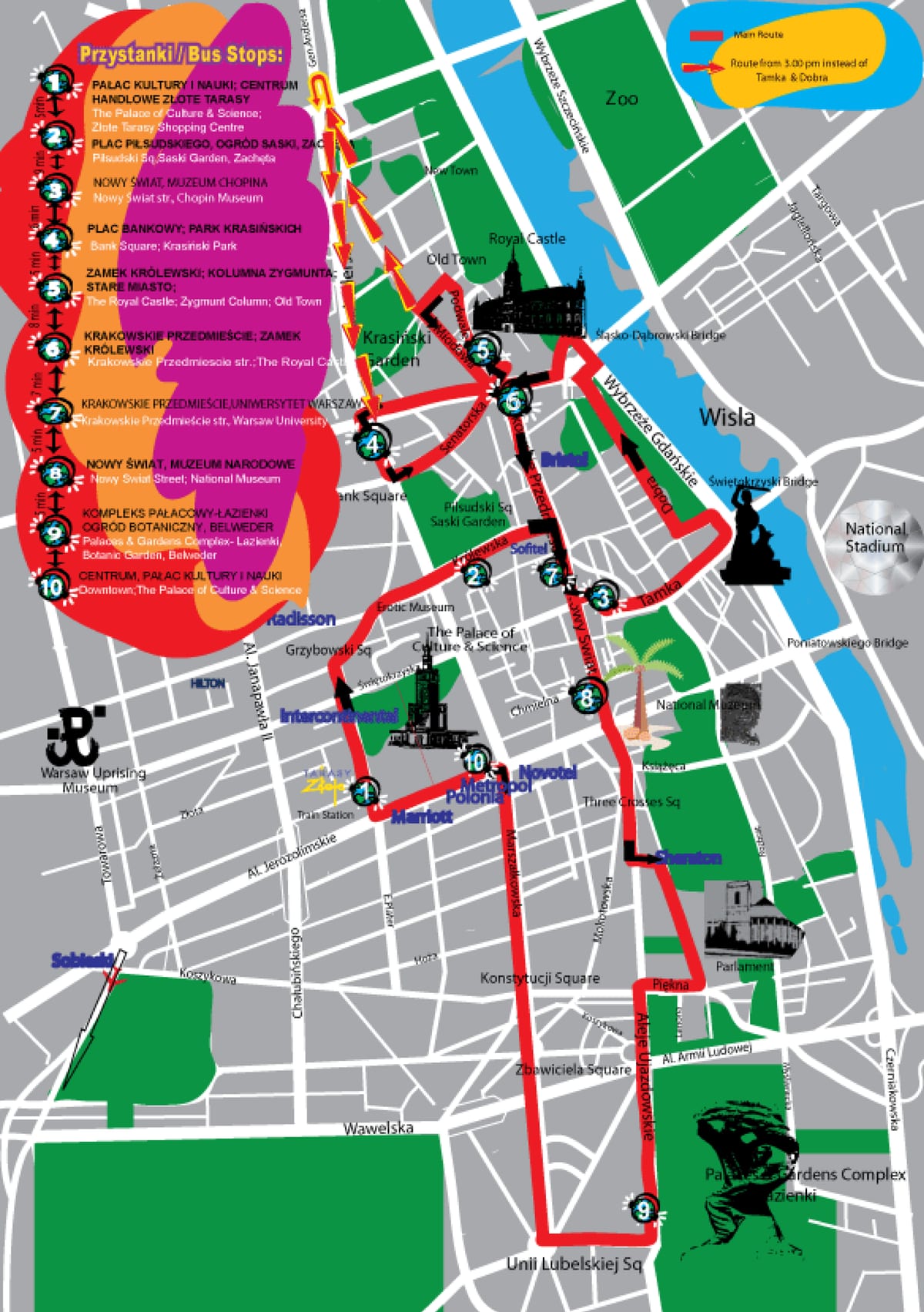 Karte der Hop-on-Hop-off-Stadtrundfahrt von City Sightseeing in Warschau
