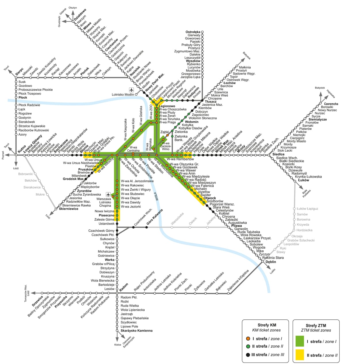 Karte des KM-Netzes von Warschau: S-Bahn, Pendler- und Vorortzüge