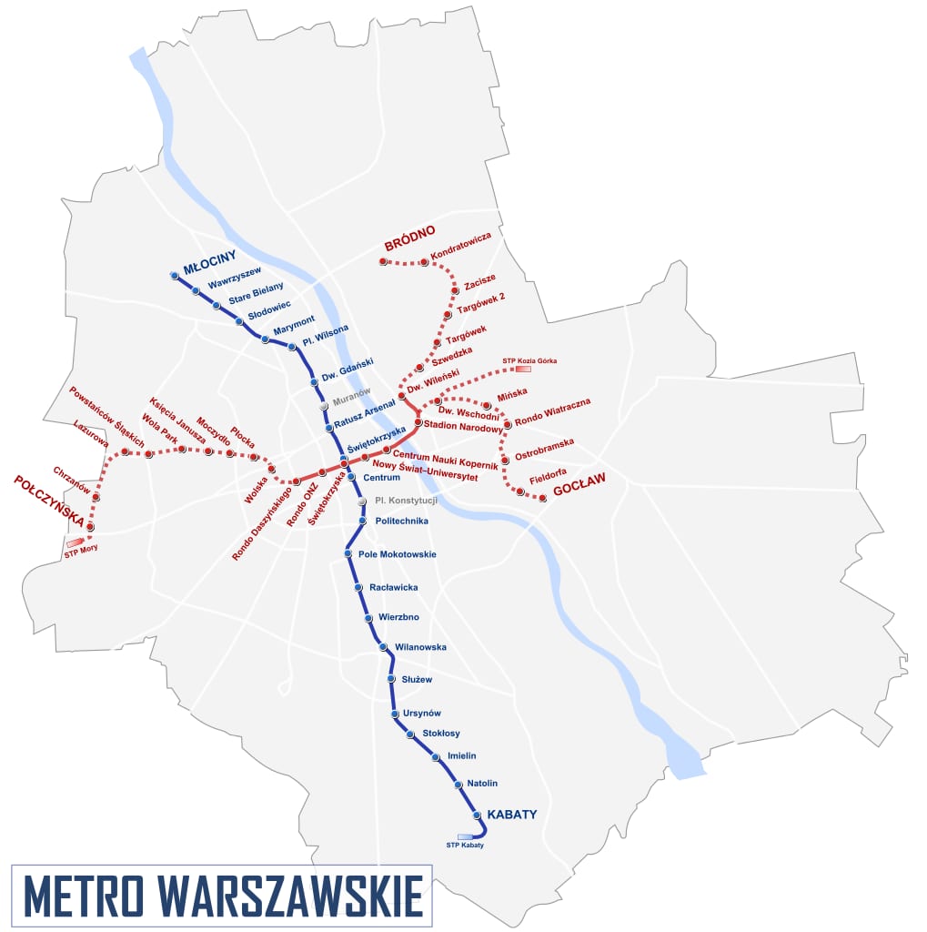 Karte des Metronetzes (U-Bahn) von Warschau