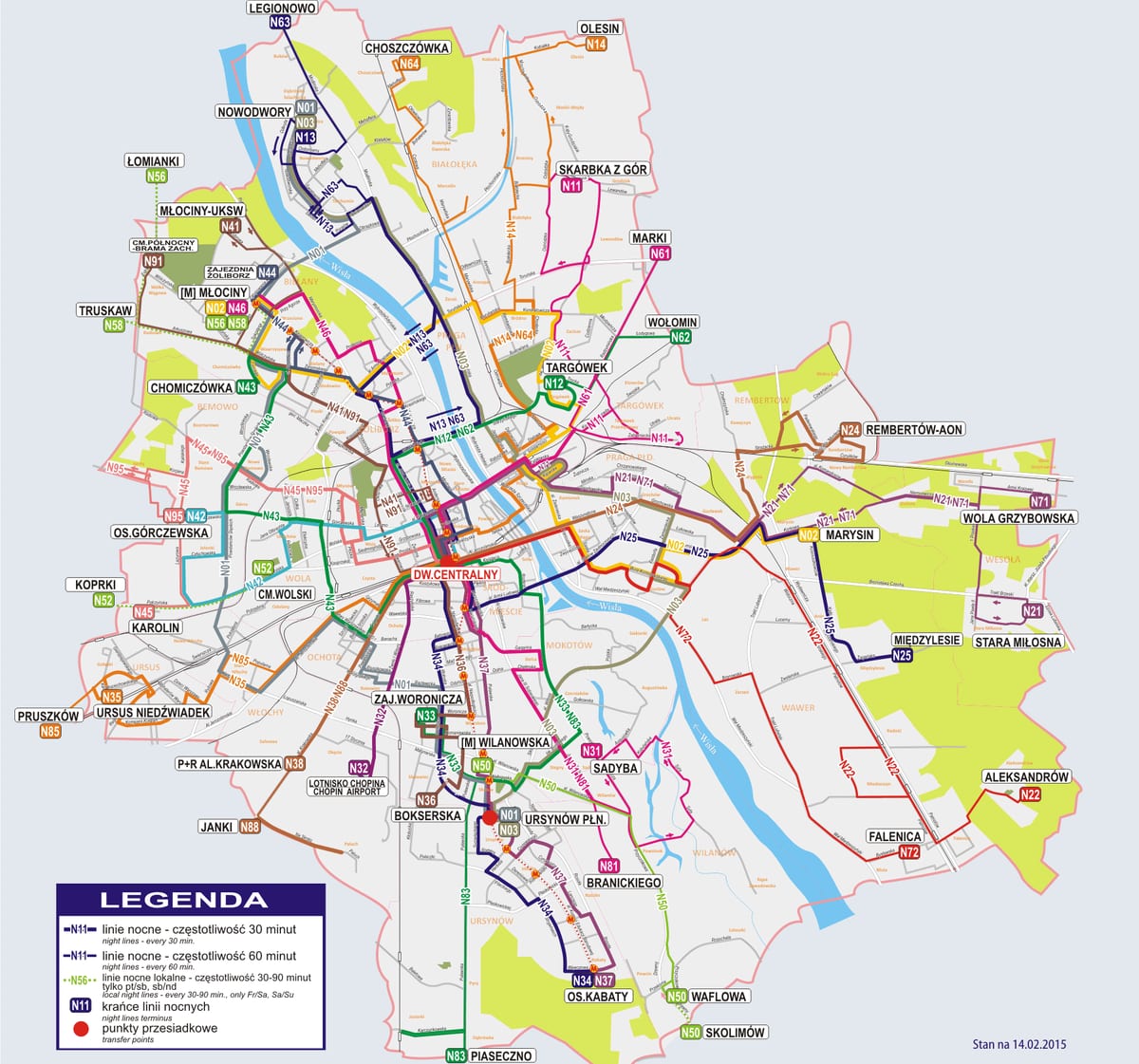 Karte des Nachtbusnetzes von Warschau