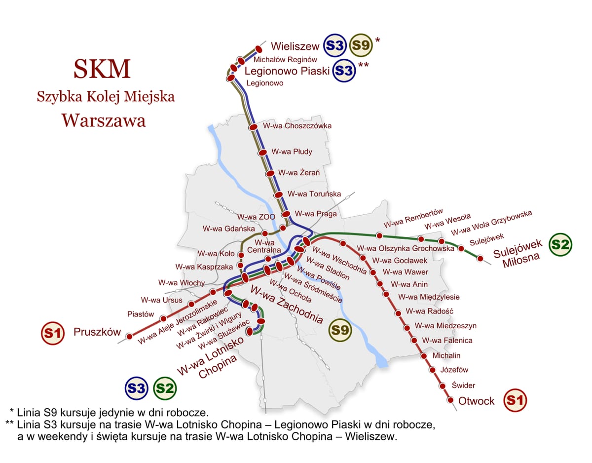 Karte des SKM-Netzes von Warschau: S-Bahn, Pendler- und Vorortzüge