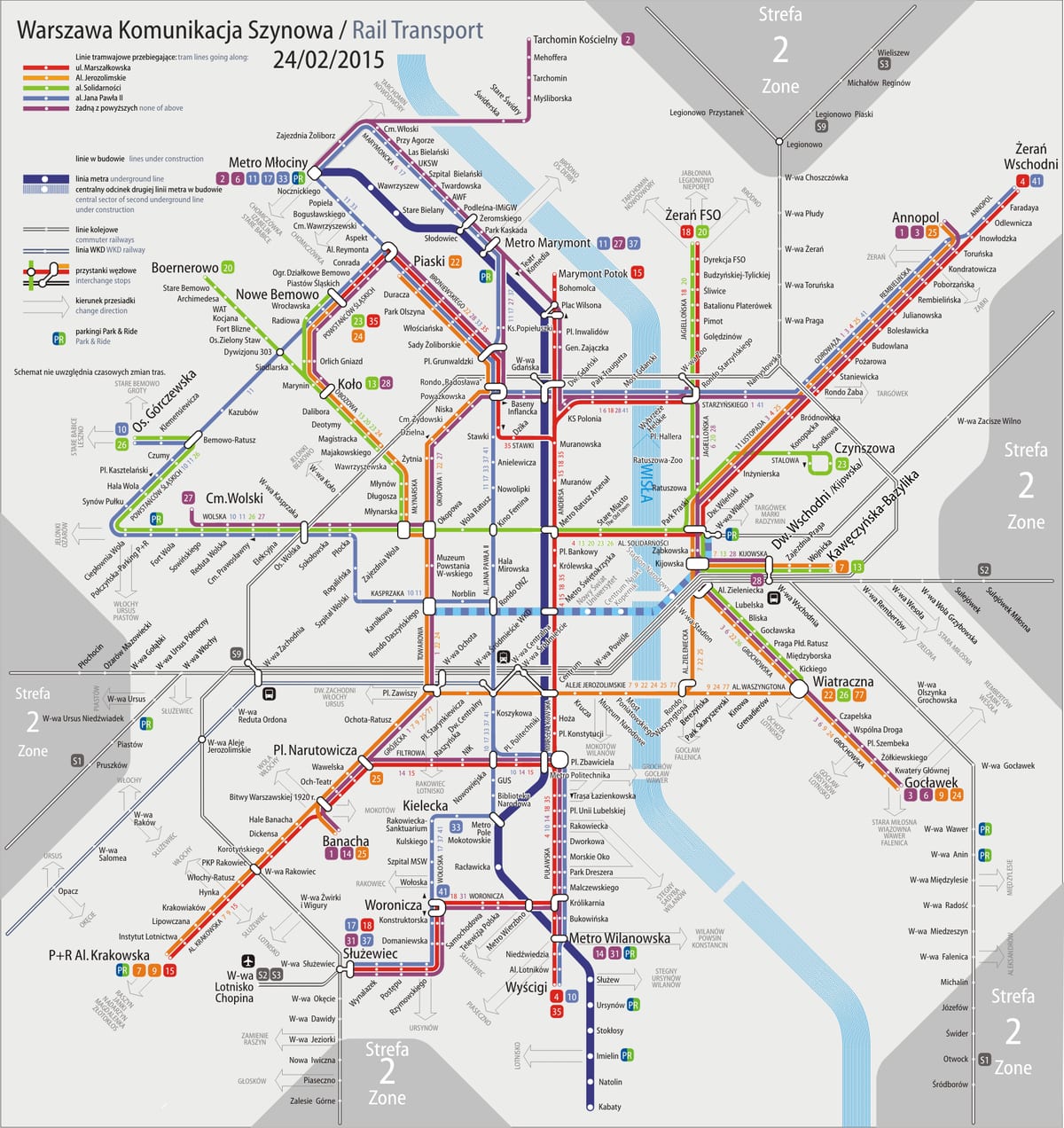 Karte des Straßenbahnnetzes von Warschau
