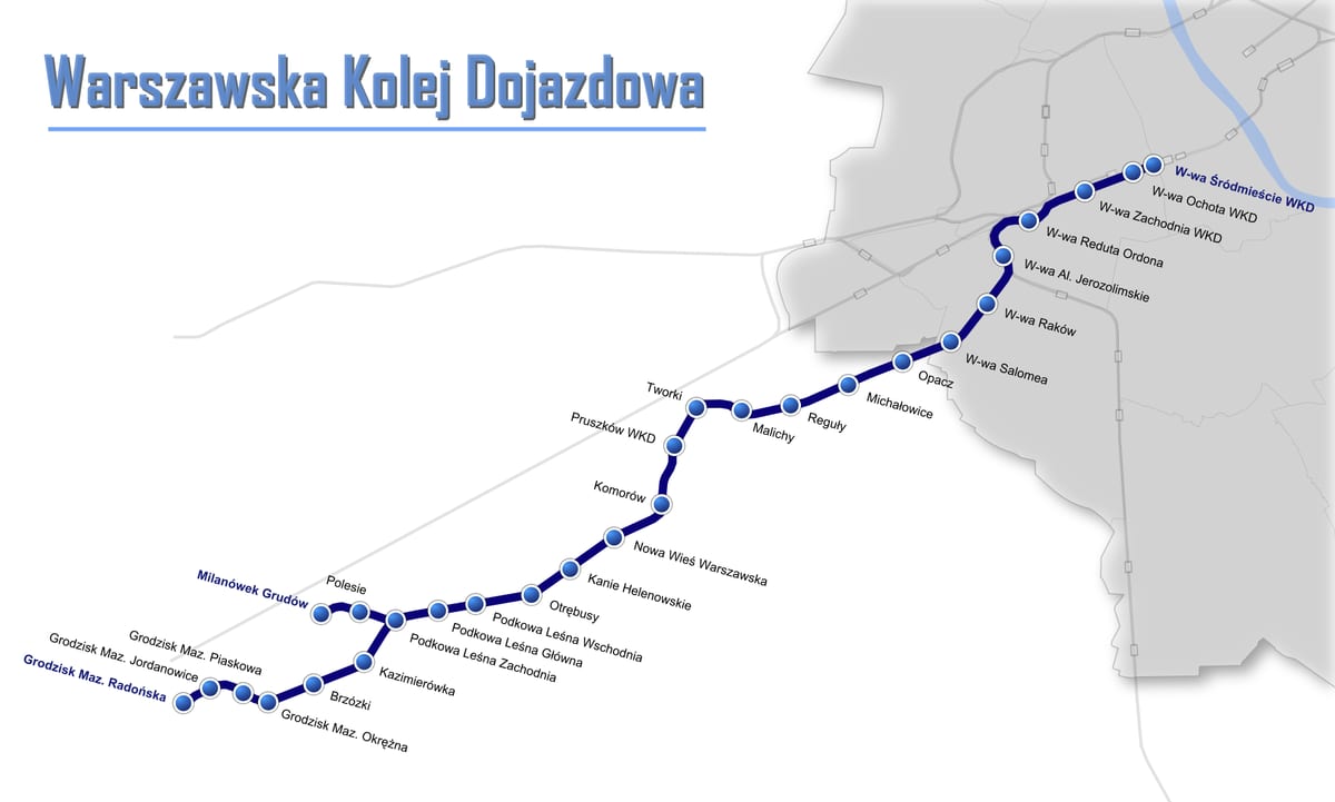 Karte des WKD-Netzes von Warschau: S-Bahn, Pendler- und Vorortzüge